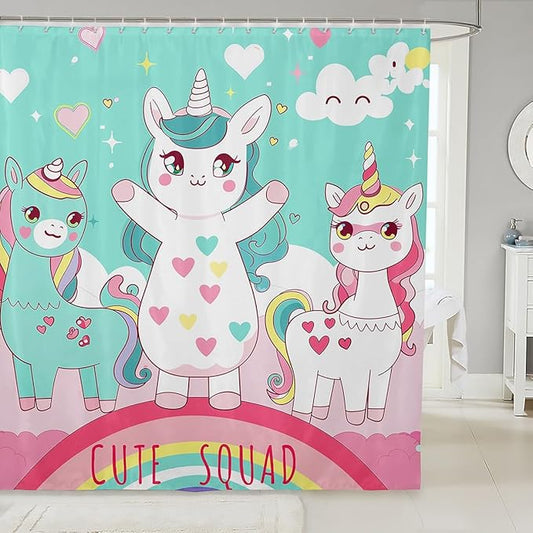Alpaca Bath Curtain Unicorn Mermaid Waterproof Shower Curtain 72"Wx72"L,Cartoon Animal Cute Sheep Lovely Llama Shower Curtain Set for Kids Girls,Glitter Rainbow Bathtubs Decor Kawaii Ocean Creature