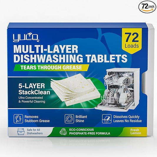 YUCO Dishwasher Detergent Tablets,Solid enzyme 72 Loads Phosphate-Free Dishwasher Detergent Powerful Grease Removal Fast Dissolving Fresh Lemon Scent Safe for All Dishwashers