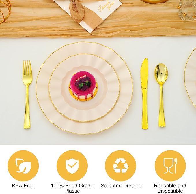 150PCS Ivory Plastic Plates with Gold Rim, Gold Plastic Dinnerware Set for 30 Guests, 30 Dinner and 30 Dessert Plates, 90 Silverware for Wedding Party, Heavy Duty Disposable Party Plate