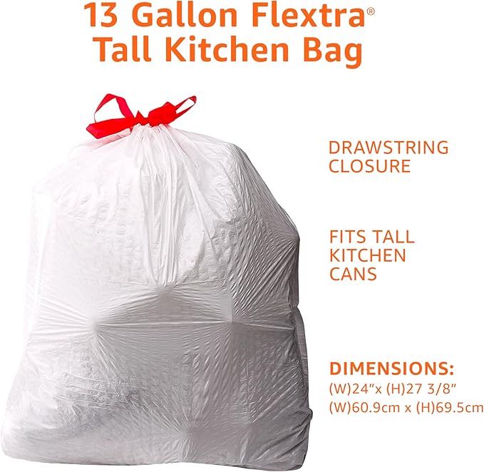 Amazon Basics Flextra Tall Kitchen Drawstring Trash Bags, 13 Gallon, 50 Count, Tear-Resistant, Unscented