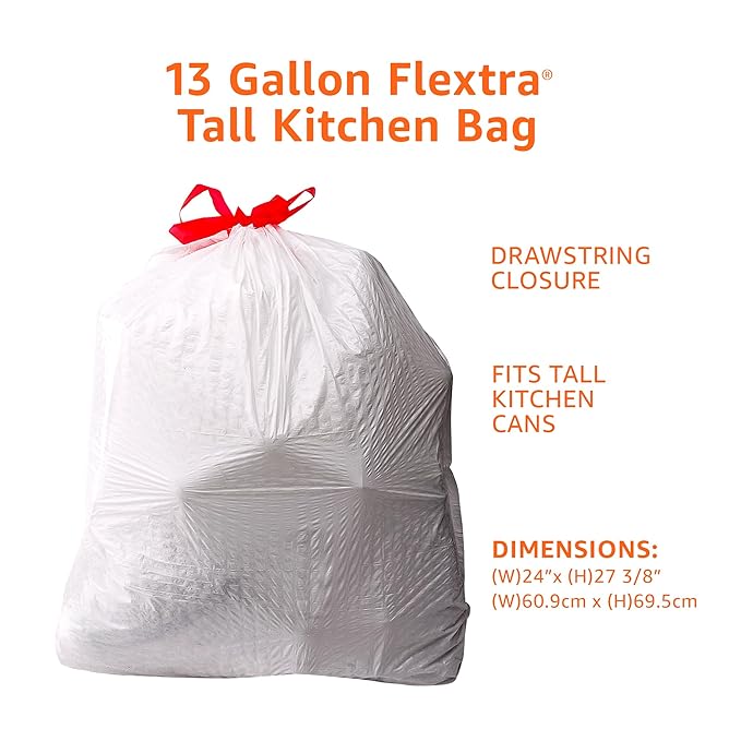 Amazon Basics Flextra Strength Tall Kitchen Drawstring Trash Bags, Fresh Scent, Tear Resistant, 13 Gallon, 120 Count