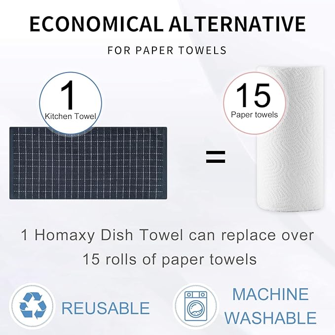 Homaxy 100% Cotton Terry Kitchen Towels(Dark Grey, 20 x 28 inches), Checkered Designed, Soft and Super Absorbent Dish Towels, Large 8 Pack