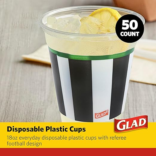 Glad Everyday Clear Plastic Cups with Referee Football Print - Sturdy Disposable Drinking Cups for Game Day, Parties, and Everyday Use, Recyclable #5 Plastic, 18 oz, 50 Count