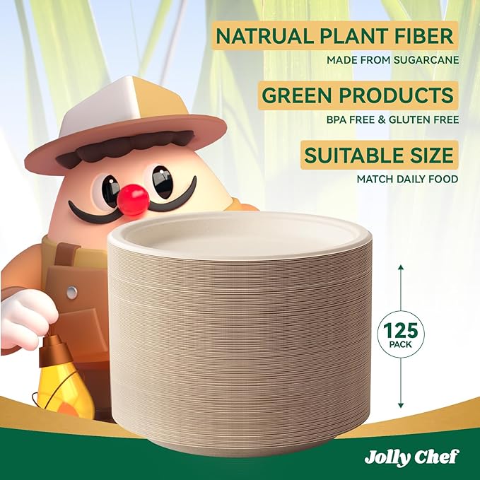 JOLLY CHEF Compostable Heavy Duty Plates 𝟭𝟬 𝗜𝗻𝗰𝗵 [𝟭𝟮𝟱 𝗣𝗮𝗰𝗸] Eco-Friendly Disposable Paper Plates Natural Bagasse Biodegradable Sugarcane Bulk for Party Hot Cold Dinner Christmas (Brown)