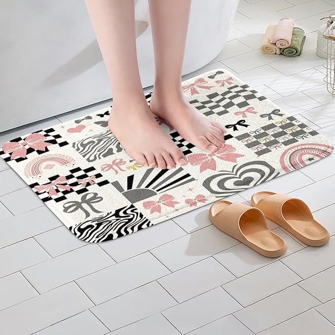 Pink Bowknot Kids Bath Mats,Geometric Plaid Grid Checkered Mats Rugs for Girls,Bow Tie Rainbow Stripe Abstract Bath Carpets,Black White Chic Bath Rugs,Absorbent Floor Mats,20Wx32L Inches