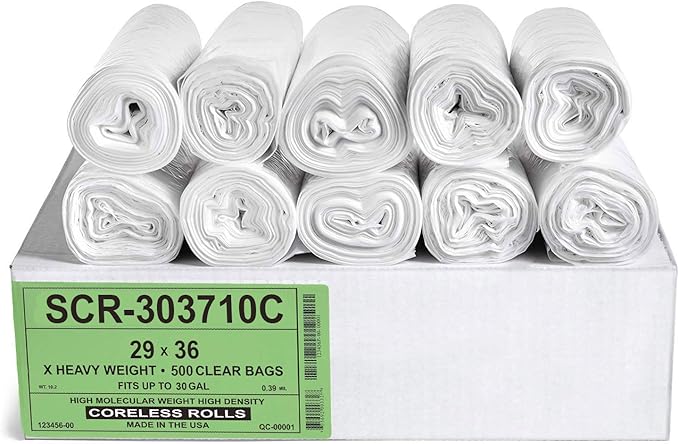 Aluf Plastics 20-30 Gallon Trash Bags - (Commercial 500 Pack) - Source Reduction Series Value High Density 10 Micron Gauge (equiv) - Intended for Home, Office, Bathroom, Paper, Styrofoam,Clear