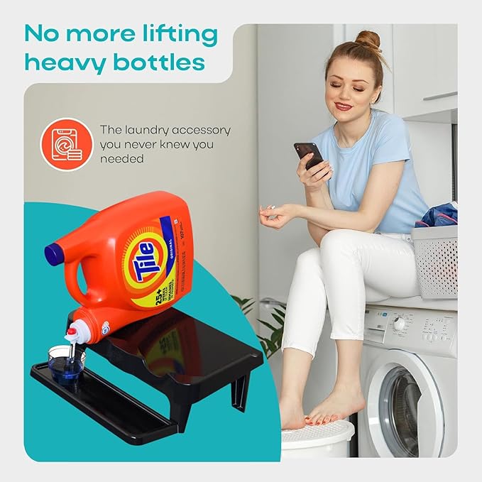 Skywin TidyFriend Detergent Holder Shelf for Laundry Room - Holds 2 Liquid Soap Dispenser, Laundry Soap Station Organizer, Detergent Stand with Drip Catcher Drip Tray Storage Organization (Black)