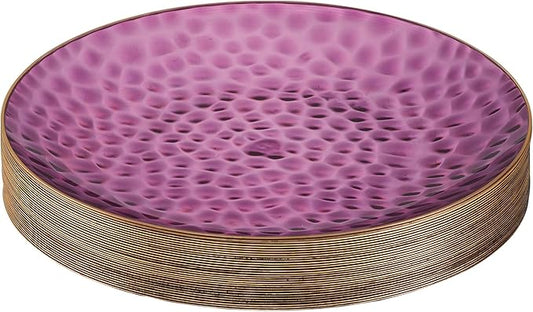PLASTICPRO 30 Pack Hammered Plastic Plates Heavyweight Disposable Plastic Plates Elegant Translucent Purple Hammered Platsic Party Dishes with Gold Rim (Hamered Purple With Gold Rim, 9'' INCH PLATES)