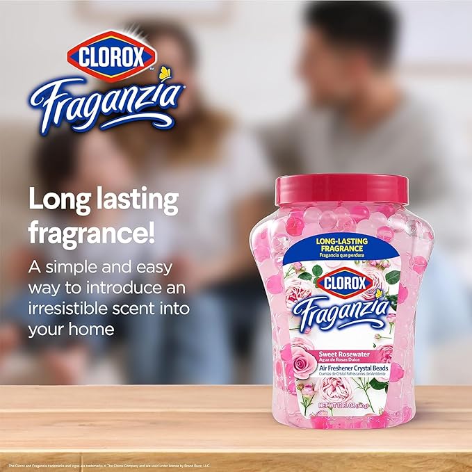 Clorox Fraganzia Crystal Beads Air Freshener, Long Lasting Room Deodorizer and Odor Eliminator Gel Beads to Freshen Home, Car, or Office, Sweet Rosewater Scent, 12 Fl Oz - 12 Pack