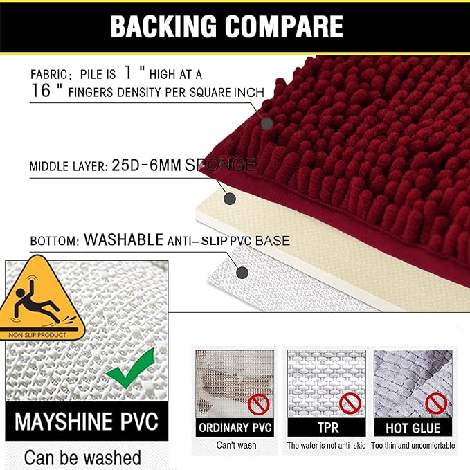 BOANKODU Bathroom Rugs Sets 2 Piece, Extra Soft Chenille Bath Mat Absorbent Bathroom Rug, Bathroom Mat with Sturdy PVC Non-Slip Bottom, Machine Washable Bath Rugs (Burgundy)