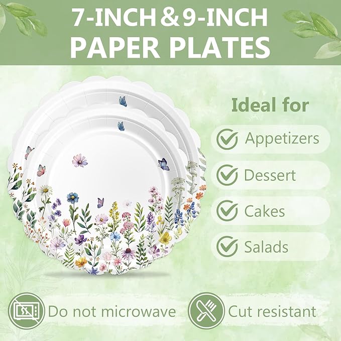 Mulbozy 100 Wildflower Themed Plates and Napkins Disposable Set Includes 25-9" & 25-7" Dessert Cake Scalloped Plates, Cocktail Napkins, Forks for for Holiday Party Supplies
