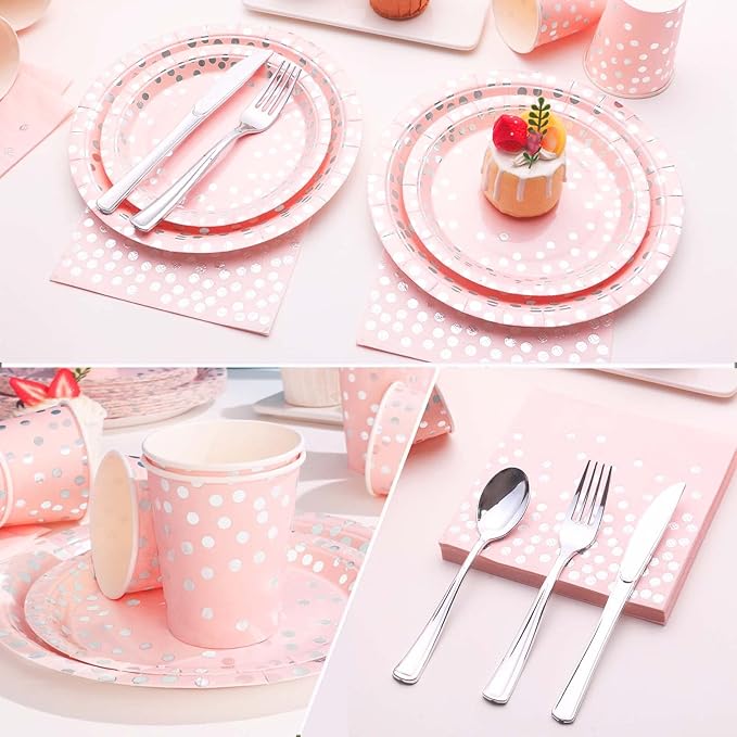 Pink Birthday Plates Baby Shower Party Supplies,168PCS Pink Plates Set with Silver Cutlery for Baby Girl Birthday Party Decorations Serve 24