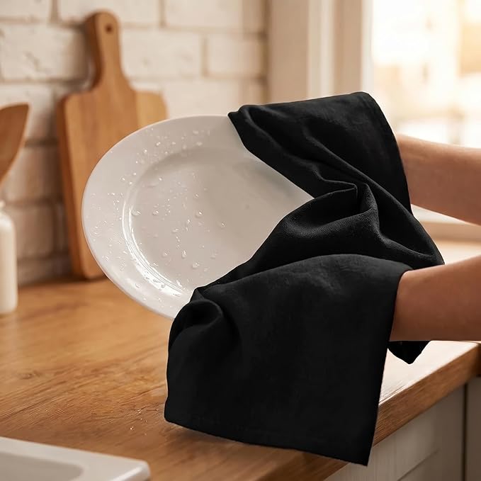 Urban Villa Kitchen Towels 100% Cotton Dish Towels for Kitchen(Set of 6) 20”x30” Dish Cloths Highly Absorbent Kitchen Linen Set with Hanging Loop Perfect for Drying Dishes Cleaning Hand Towels – Black
