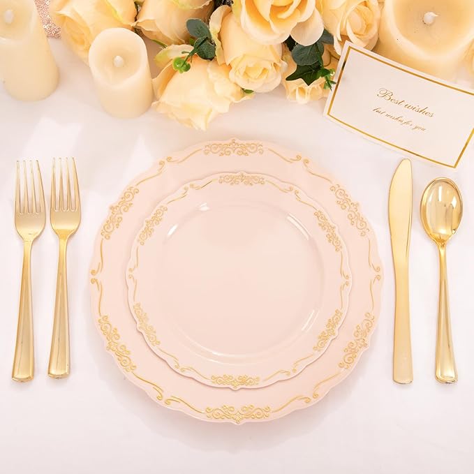 DaYammi 60 PCS Pink Gold Plastic Plates, Pink Disposable Plates with Gold Rim Include: 30 Dinner Plate, 30 Dessert Plate for Party, pink plastic plates with Vintage lace for Wedding