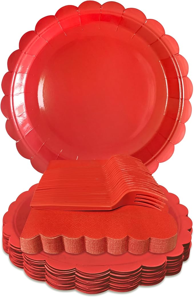 Red Paper Plates and Napkins,7 Inch Red Scalloped Disposable Dessert Plates Paper Napkin Fork Party Supplies for Wedding Baby Shower Birthday(25 Guest)