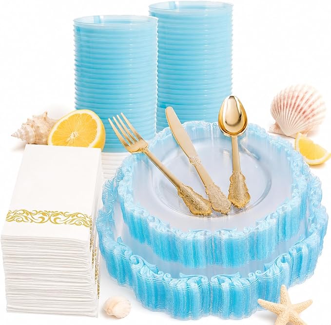 PULOTE 175-Piece Clear and Blue Plastic Plates - Blue Rim Disposable Dinnerware Set - Include 25 Dinner Plates, 25 Dessert Plates, 75 Cutlery, 25 Cups & 25 Napkins for Wedding and Parties