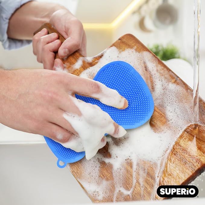 Silicone Heat Resistant Dishwasher Sponge, Fruit Cleaner, Vegetable Washer, Non Scratch Durable Bristles, Blue 3-Pack