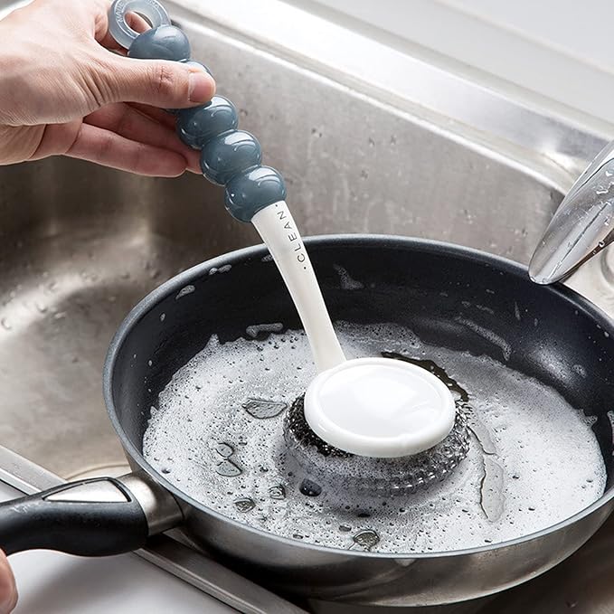 Stainless Steel Wool Scrubber with Handle, Heavy Duty Pot & Dish Scrubber Cleaning Brush Wash for Dish, Stainless Steel Scrubbing Brushes Cleaning Supplies for Pots, Pans, Grills, Sink (3)