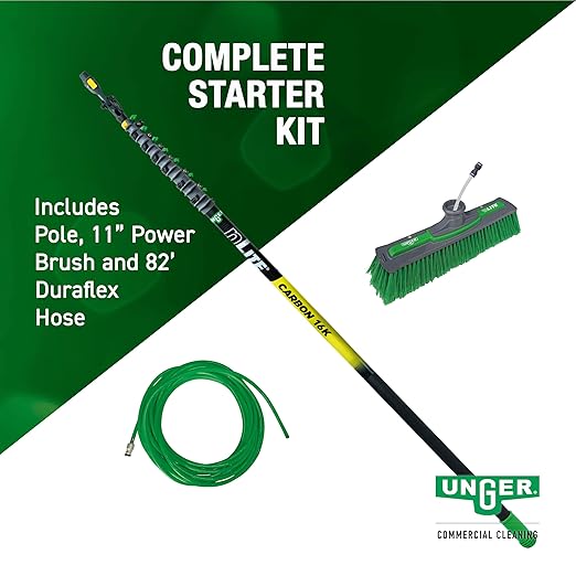 Unger Commercial Window Cleaner Waterfed Pole Kit - nLITE Carbon 16K 33' Waterfed Pole Starter Set with Brush & Hose - C10BH
