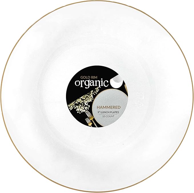 PLASTICPRO 30 Pack Hammered Plastic Plates Heavyweight Disposable Plastic Plates Elegant Transparent White With Gold Rim Platsic Party Dishes (Transparent White With Gold Rim, 9'' INCH PLATES)