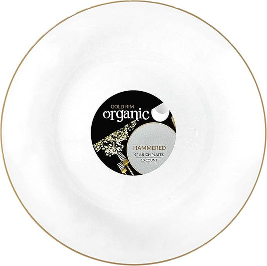 PLASTICPRO 30 Pack Hammered Plastic Plates Heavyweight Disposable Plastic Plates Elegant Transparent White With Gold Rim Platsic Party Dishes (Transparent White With Gold Rim, 9'' INCH PLATES)