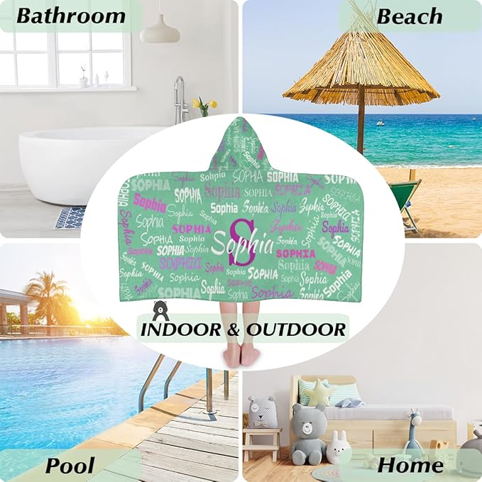 Custom Name Kids Hooded Bath Towel, Soft Towel Wrap - Warm Swim Cover Up - 50" x 24" Soft Terry Poncho Towel as Pool Swim Cover Ups for Girls Boys, Mint Green Color