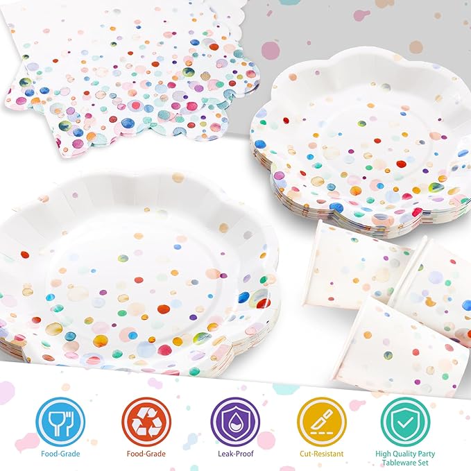 Colorful Birthday Plates and Napkins 350PCS Confetti Colorful Paper Plates Happy Birthday Disposable Tableware Set Serve 50 for Art Paint Party Supplies Bubble Decorations