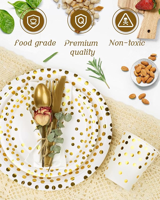 224 Pieces Party Supplies, White and Gold Dots Wedding Party Plates Cups and Napkins Sets with Plastic Knives forks spoons, Disposable Tableware Serves 32 Sets for Birthday, Graduation, Festivals