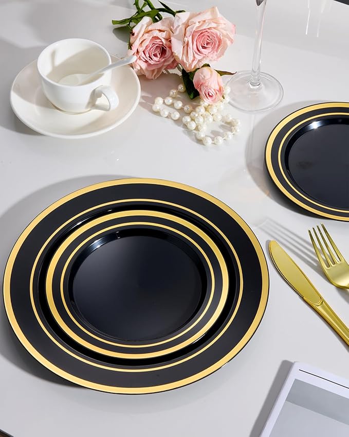 Goodluck 120PCS Black Plastic Plates with Gold Rim, Heavy Duty Disposable Black Plates with 60 10.25 inch Dinner Plates and 60 7.5 inch Dessert Plates for Party, Holiday, Wedding