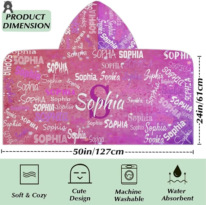 Custom Name Kids Hooded Bath Beach Towel Girls Boys, Swim Pool Cover Up Absorbent 50in x 24in, One Size, Wrap Bath Towels Beach Poncho, Pink Glitters Effect Print