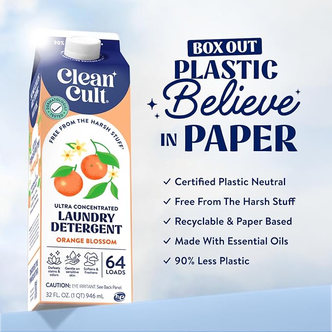 Cleancult Ultra Concentrated Liquid Laundry Detergent, 64 loads (32 oz), Long Lasting Scent, 90% Less Plastic, No Harsh Chemicals, Orange Blossom, Defeats Stains & Odors, HE/Standard Compatible
