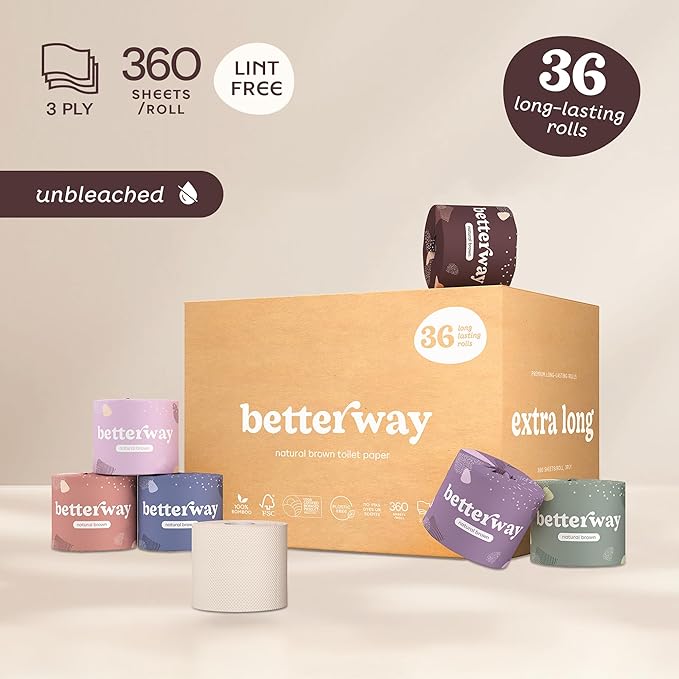 Betterway Unbleached Bamboo Toilet Paper Rolls - Eco-Friendly 3 Ply Toilet Tissue - 36 Long-Lasting Rolls - 360 Sheets/Roll - Organic, FSC Certified, Septic Safe TP - Lint-Free, PFAS-Free Bath Tissue
