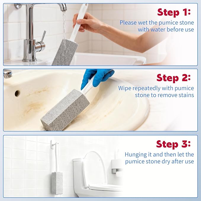 W&E Choice Toilet Pumice Stone 4 Pack, Pumice Stone for Bathroom Cleaning with Extra Long Handle, Toilet Brush for Removing Hard Water Stains & Limescale, Pool Tile Grill and Sink Cleaner