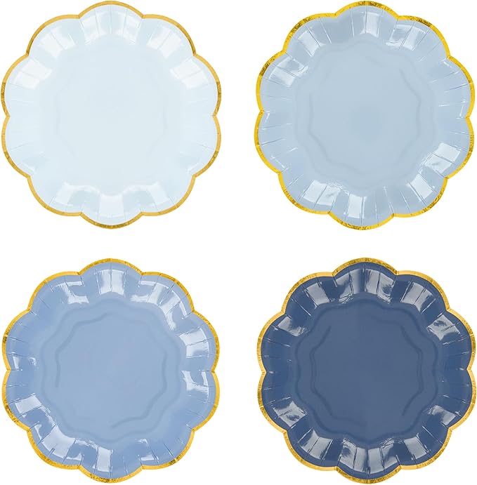 AimFun 48 Pcs Dusty Blue Party Plates Gradient Blue Dessert Paper Plates 7inch Gold Foil Scalloped Edge Disposable Cake Plates for Tea Party Birthday Bridal Baby Shower Wedding Party Supplies