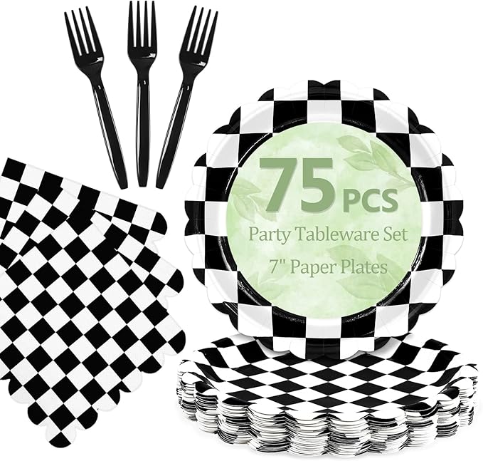 Mulbozy 75 Black Checkered Plates and Napkins Disposable Set Includes 25 Dessert Cake Scalloped Plates, Cocktail Napkins & Forks, for Fork 25 Guests Holiday Party Supplies.