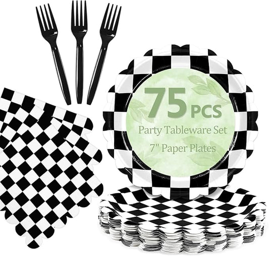 Mulbozy 75 Black Checkered Plates and Napkins Disposable Set Includes 25 Dessert Cake Scalloped Plates, Cocktail Napkins & Forks, for Fork 25 Guests Holiday Party Supplies.