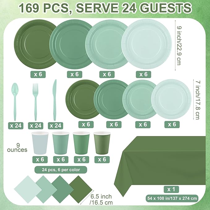 Kochorie 169 Pieces Sage Green Party Supplies Gradient Green Disposable Dinnerware Set Include Plates, Cups, Napkins Plastic Cutlery, Tablecloth for Wedding Birthday Party Decorations, Serve 24 Guests
