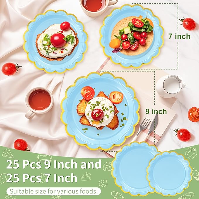50 Pcs Light Blue Paper Plates, 25 Pcs 9" and 25 Pcs 7" Disposable Light Blue Scalloped Plates with Gold Foil for Graduation Wedding Baby Shower Birthday Party Picnic BBQ