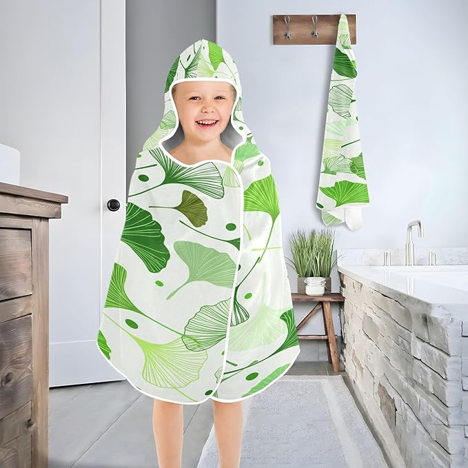 CEBUGI Ginkgo Leaves Hooded Bath Towel for Kids Absorbent Soft Bath Towel Wrap with Hood 50x23.5in Pool Beach Shower Towel for Boys Girls