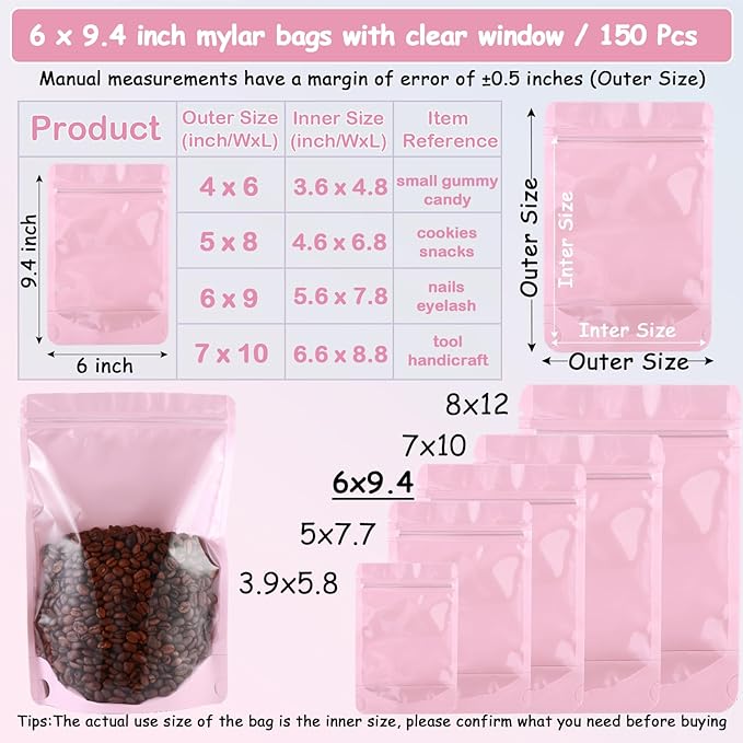 150 Pcs Mylar Bags for Food Storage, 6x9 Mylar Bag with Window Stand Up, Bulk Holographic Resealable Bags Smell Proof Bag Food Packaging for Small Business Freeze Dried Candy Jewelry Foil Packaging