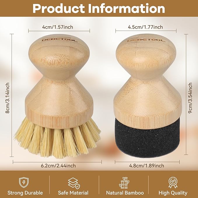 DEBETOOL Cutting Board Oil Wax Applicator and Scrub Brush Set- Natural Bamboo with Sisal Fiber and Sponge for Food Grade Mineral Oil Board，Wooden Worktops,Utensil Care