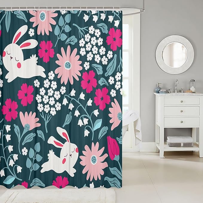 Cute Rabbit Shower Curtain with Hooks Cartoon Bunny Print Fabric Bathroom Shower Curtain Boys Girls Lovely Little Floral Rabbit Decor Waterproof Shower Curtains Botanical Animal Curtain,72x72 Inches