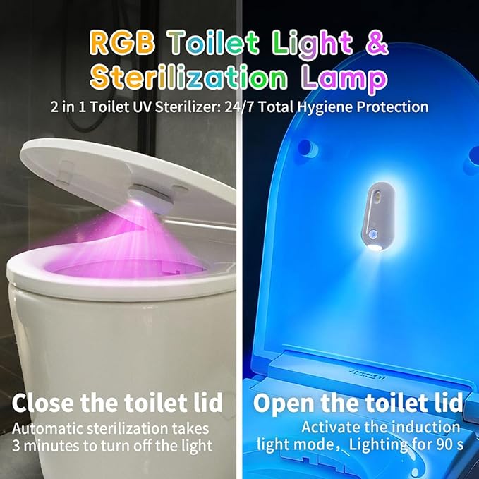 Self Cleaning UV Toilet Sanitizer and Night Light, Self Cleaning UVtoilet Light, Motion-Activated, USB Rechargeable, Adhesive-Mounted for Shared Bathrooms, for Elderly & Pet (1 PC)