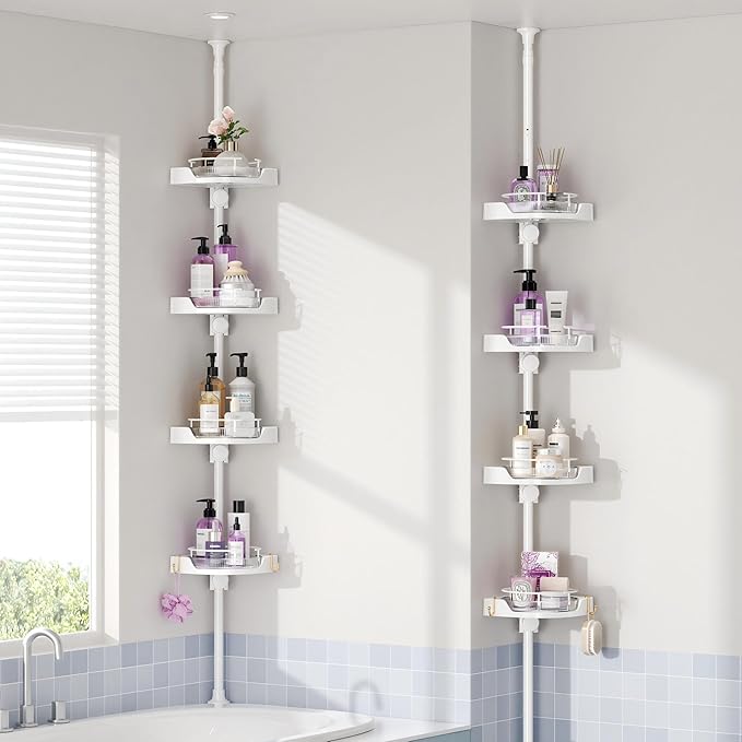 360° Rotating Shower Caddy Tension Pole, 4 Tiers Corner Shower Organizer for Bathroom Shelf Bathtub, Adjustable Standing Shower Rack Bathroom Accessories, Easily Assemble, 34-124 Inch Height, White