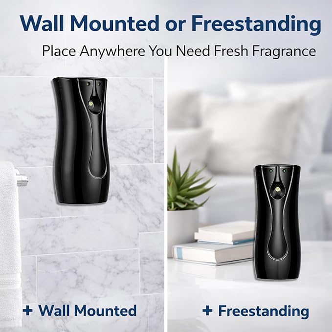 Automatic Air Freshener Dispenser 2-Pack with Remote, Battery Operated Wall Mount or Freestanding Spray, Adjustable Timer for Bathroom, Office & Home (BLACK)