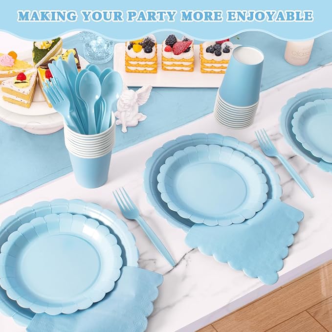 Vyntra 175 Pcs Light Blue Disposable Paper Plates and Napkins Set for 25, 9" Dinner Plates & 7" Dessert Plates, Tableware for Baby Shower, Birthday, Picnic, Party