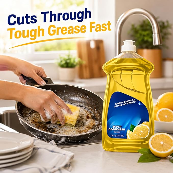 Liquid Dish Soap, Lemon Scent Dishwashing Liquid, Grease Cleaning Formula with Easy Flip Cap, Large 52 fl oz Bottle for Kitchen Use