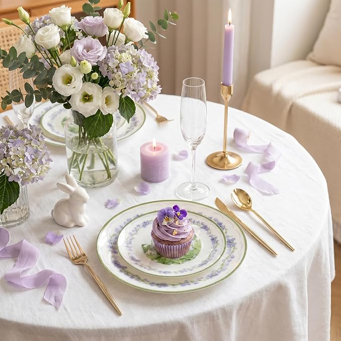30Pcs Clear and Purple Plastic Plates - Purple Lily of the Valley Plates Disposable Heavy Duty, Perfect for Weddings, Tea Parties, Holidays - 10.25" Dinner & 7.5" Dessert Plastic Plate