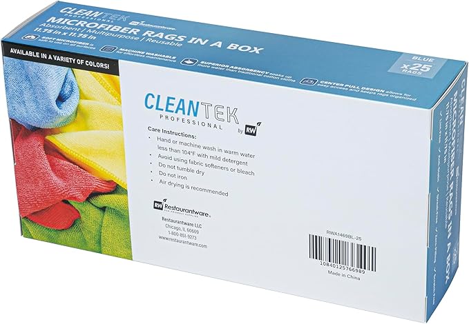 Restaurantware-Clean Tek Professional 11.81 x 11.81 Inch Microfiber Rags In a Box, 25 Absorbent Cleaning Cloths - No-Scratch, Blue Microfiber Reusable Edgeless Cleaning Towels, Leaves No Streak