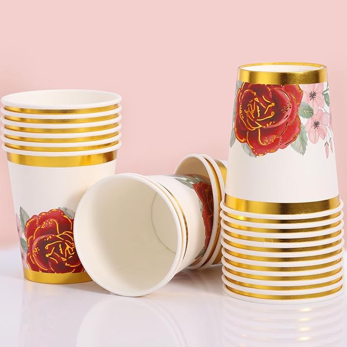 Floral Paper Plates Party Supplies 168PCS Bridal Shower Plates and Napkins Set Disposable Serve 24 Guests, Burgundy Flower Plates Disposable for Women Birthday Party Decorations